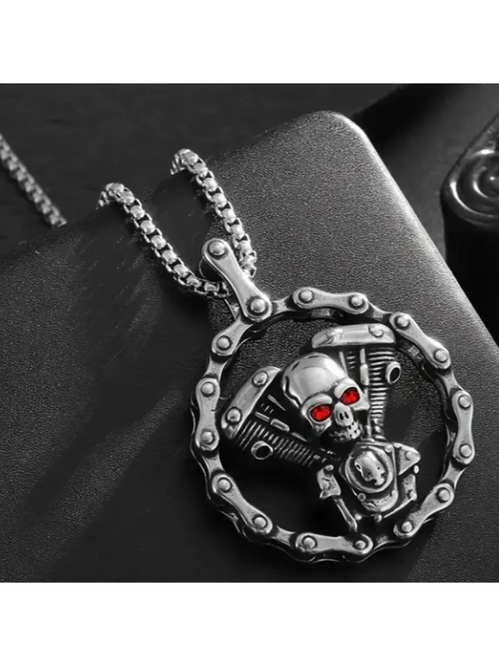 Silvertone Skull Engine Pendant Necklace
